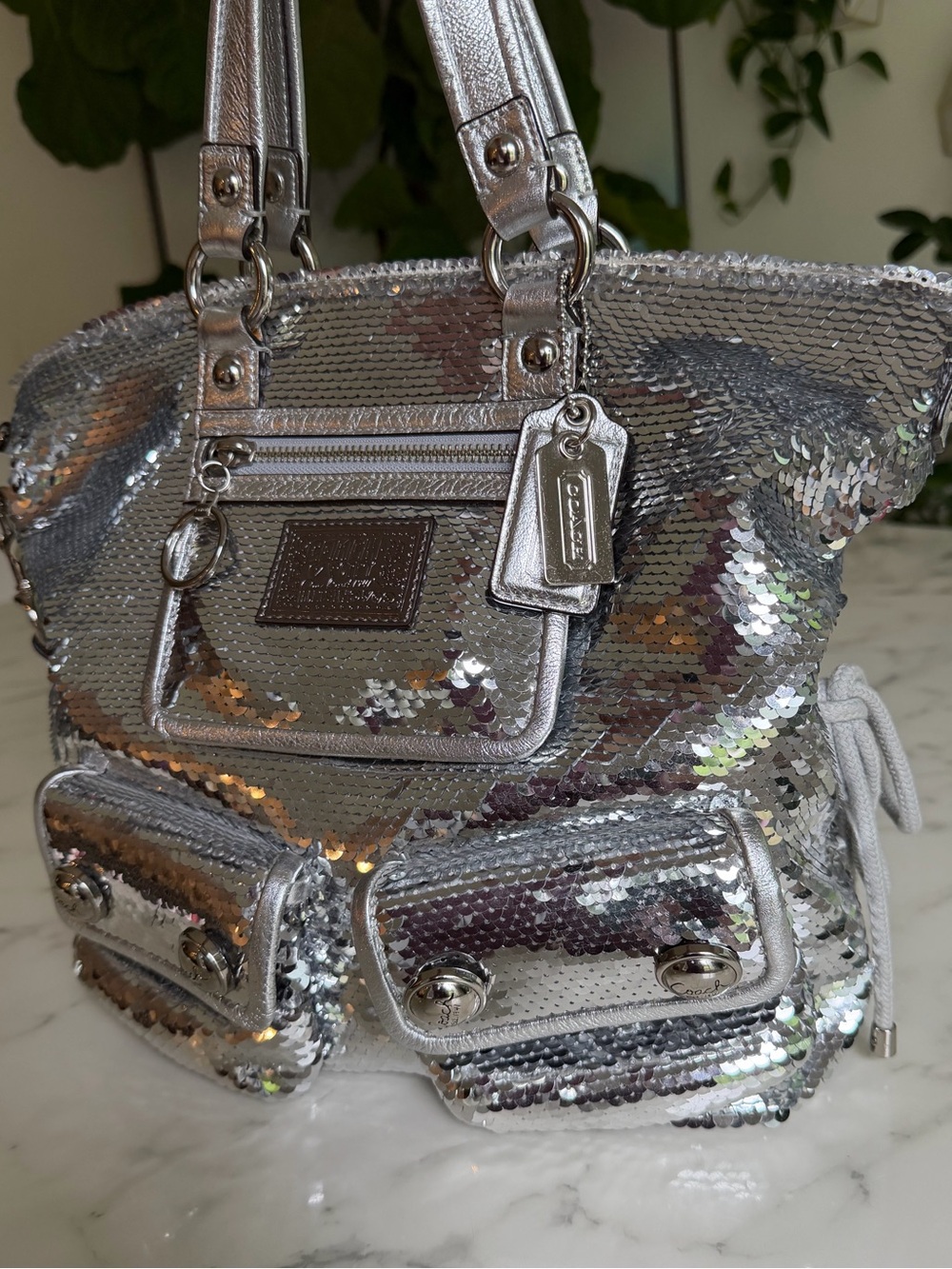 Coach Limited Edition Poppy Sequin Spotlight Tote Shoulder Bag 13821 Silver Y2K - Picture 3 of 16